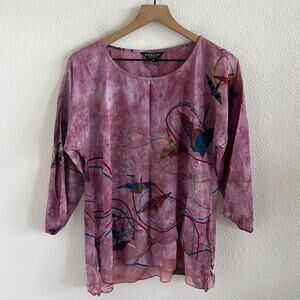 Citron 100% Silk Art to Wear Paper Crane Pink Top Blouse Modest Mature Small